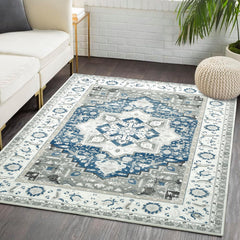 Garvee 5x7 Living Room Rug, Boho Retro Area Rug Machine Washable Area Rug Throw Oriental Indoor Floor Carpet Vintage Rug for Bedroom Kitchen Nursery Home Office, 5' x 7' Blue