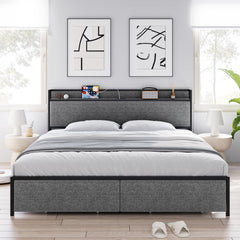 GARVEE Queen Size Bed Frame with 2 Storage Drawers and Headboard, Upholstered Bed Frame Queen Size with Charging Station, No Box Spring Needed, Sturdy, Noiseless, Easy Assembly - Grey