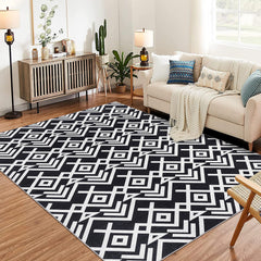 GARVEE Washable Modern Area Rug, 9x12 Soft Moroccan Geometric Rugs for Living Room, Ultra-Thin Low Pile Large Carpet for Bedroom, Stain Resistant Non Slip Indoor Floor Mat for Dining Room, Black