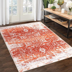 Garvee Large Rug 8x10 Vintage Area Rug Non-Slip Distressed Area Rug Machine Washable Indoor Floor Carpet Low Pile Rug Foldable Accent Rug for Bedroom Nursery, Orange