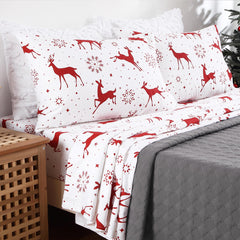 GARVEE Christmas Sheets Queen, 100% Cotton Flannel Holiday Bed Sheet Set, Deep Pocket Fitted Sheet, Soft Warm Brushed Christmas Sheet (Queen Size, Red Christmas Deer)