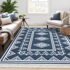 GARVEE Washable Rug 9x12 Living Room Boho Rug with Tassel Indoor Non-Slip Moroccan Bordered Floor cover Geometric Stain Resistant Bohemian Accent Carpet Rug for Bedroom Nursery Home Office, Blue