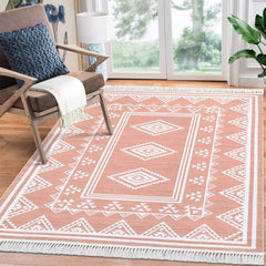 GARVEE Washable Boho Rug with Tassel 5x7 Large Bedroom Pink Rug Indoor Non-Slip Moroccan Floor Cover Farmhouse Accent Bordered Stain Resistant Carpet Rug for Living Room Kitchen Nursery, Pink