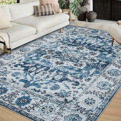 GlowSol Farmhouse Vintage Area Rug 9x12 Non-Slip Throw Rug Oriental Distressed Rug Low-Pile Non-Shedding Area Rug for Laundry Bathroom Bedroom (Blue)