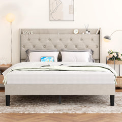 GARVEE Queen Size Bed Frame with Charging Station, Upholstered Platform Bed with Button Tufted Storage Headboard Wingback, No Need for a Box Spring, Wood Slat Support, Easy to Assemble