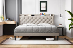 GARVEE Full Upholstered Bed Frame with Wingback Headboard, Luxurious Linen, Storage Shelf, USB Ports, Light Gray