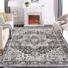 GARVEE 9x12 Area Rug Large Vintage Distressed Machine Washable Area Rug for Living Room Traditional Medallion Non-Slip Stain Resistant Accent Rug Carpet for Home Decor Floor Decoration, Grey