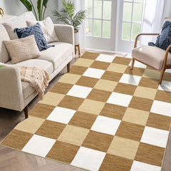 GARVEE Modern Plaid 10x13 Large Area Rug, Soft Non-Slip Carpet 10x13 Living Room Rug Checkered Brown Taupe & Cream Rug for Bedroom, Modern Large Area Rug for Home Office