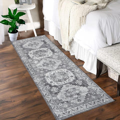 GARVEE Vintage Washable Area Rug 2'x6' Runner Boho Rug Faux Cashmere Non Slip Rugs for Living Room Bedroom Oriental Indoor Rug Mat Stain Resistant Throw Rug Kitchen Dining Home Office, Grey