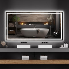 GARVEE Led Bathroom Mirror 72X36“ Wall-Mounted Vanity Mirrors Stepless Dimmable Wall Mirrors with 3X Magnification, Anti-Fog, Backlit + Front Lit, Memory Function, Waterproof, Tempered Glass