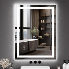 GARVEE LED Bathroom Mirror 24X32“ Wall-Mounted Vanity Mirrors Stepless Dimmable Wall Mirrors with Anti-Fog, Backlit + Front Lit, Memory Function, Waterproof, Tempered Glass