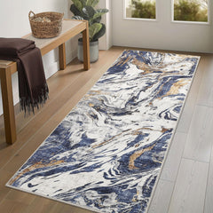 GARVEE Modern Runner Rug 2x6 Machine Washable Rug, Non-Slip Abstract Floor Carpet, Low Pile Faux Wool Bedside Rug, Foldable Accent Rug for Entryway, Bathroom, Laundry Room, Bedroom, Blue