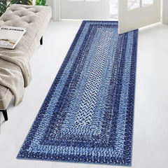 GARVEE Area Rug 2x6 Braided Print Washable Rug Non-Slip Hallway Runners Entryway Rug Runner Ultra-Thin Farmhouse Kitchen Mat Bedroom Bedside Laundry Distressed Rug Non-Shedding Accent Carpet Navy