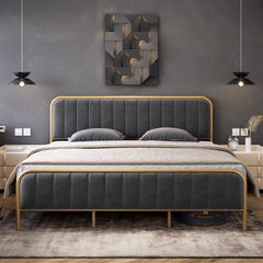 GARVEE King Size Bed Frame with Gold Metal Frame, Velvet Tufted Headboard, Wood Slats, Noise-Free Design, 10.2” Under Bed Storage, Easy Assembly, Grey