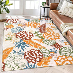 GARVEE Washable Rug 5x7 Modern Floral Living Room Rug Non Slip Accent Distressed Throw Rugs Farmhouse Non Shedding Carpet for Living Room Dining Room, Beige/Orange