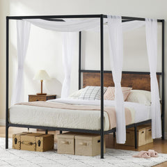 GARVEE Full Size Canopy Bed Frame + Four-Poster Metal Design + Wooden Slats Support + Storage Space + Easy Assembly + White Finish + Modern Home Decor