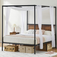 GARVEE Queen Canopy Bed Frame, Industrial Metal Four-Poster with Headboard, Wooden Slats, Storage, No Box Spring, Easy Assembly