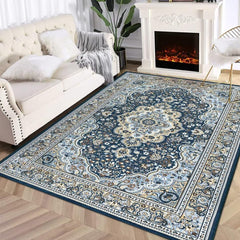 GARVEE Washable Rug 8x10 Boho Floral Oriental Large Area Rug Vintage Distressed Carpet Accent Rugs Non Slip Low Pile Indoor Rug for Bedroom Dinning Room Office, Navy