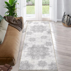 GARVEE Area Rug 2x6 Washable Rug Runner Rug Medallion Vintage Rugs Hallway Distressed Rug Kitchen Blue Indoor Foldable Thin Rug Non Slip Carpet Bathroom, Grey/Beige