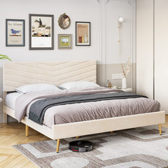 GARVEE King Bed Frame with Adjustable Headboard, Velvet Upholstered Platform Bed with Solid Wood Slats Support, No Box Spring Needed, Noise-Free, Beige