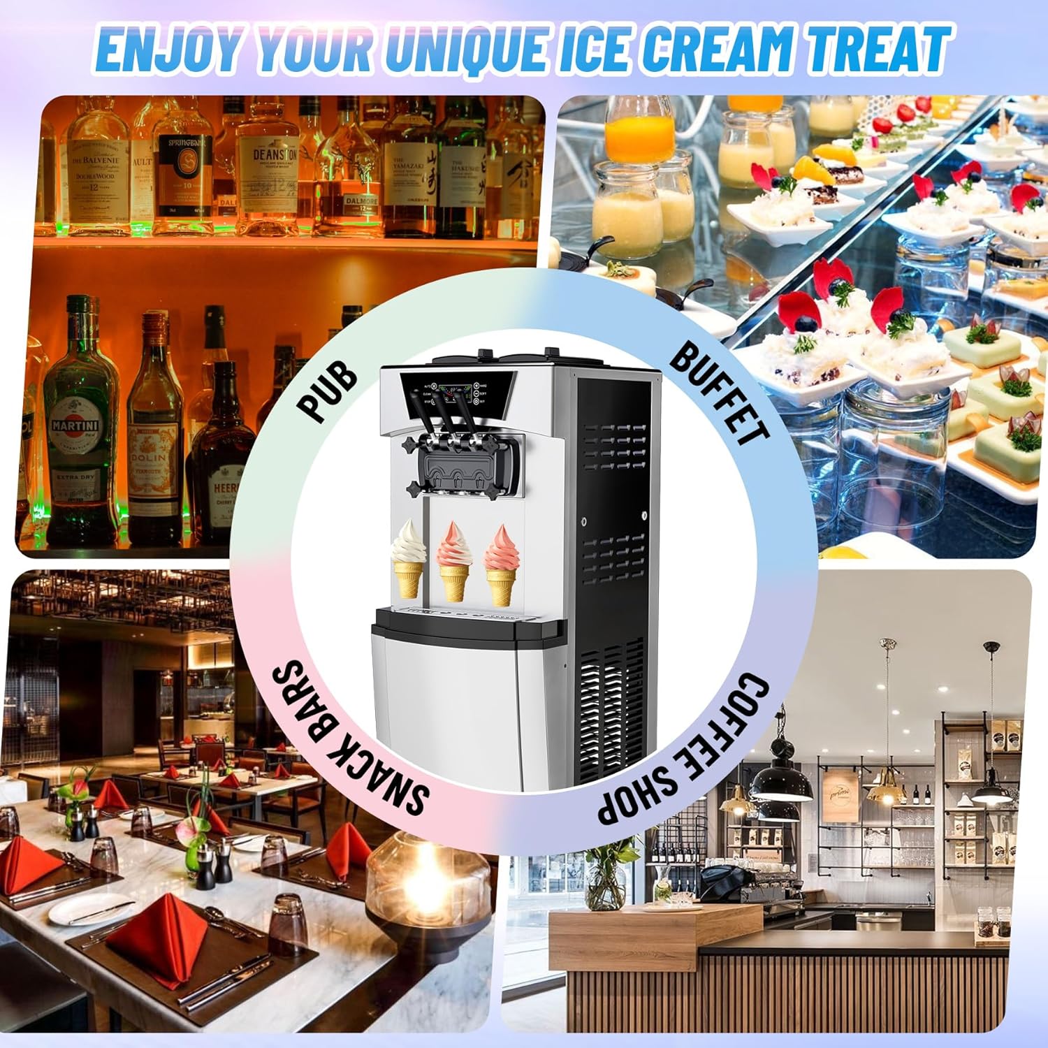 GARVEE Commercial Ice Cream Machine, 5.8 to 8Gal per Hour Soft Serve Ice Cream Maker for home, 3 Flavors Ice Cream Machine Countertop for Snack Bar Restaurants, Auto Clean, LCD Display