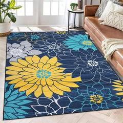 GARVEE Washable Rug 9x12 Modern Floral Area Rug Non Slip Large Area Rug Low Pile Farmhouse Rug Non Shedding Distressed Throw Rugs Floor Carpet for Living Room Bedrooms, Navy