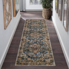 GARVEE Runner Rug 2x6 Feet Washable Vintage Distressed Hallway Runner, Non-Slip Stain Resistant Area Rug Traditional Medallion Kitchen Mat Entryway Carpet Runner for Bedside, Blue/Brown