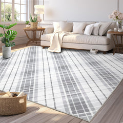 GARVEE Area Rugs 8x10 Living Room Rug Washable Rug Modern Plaid Area Rug Indoor Soft Bedroom Rug Non-Slip Backing Cross Lines Print Carpet Foldable Thin Rug for Bedroom Home Office Nursery Light Grey