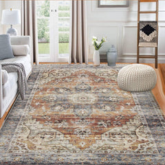 GARVEE Washable Rug 6x9 Floral Large Area Rug Boho Disstressed Medallion Carpet for Bedroom Living Room 8x10 Area Rug Aesthetic Floor Cover Non-Shedding Anti-Slip Carpet, Burnt Orange