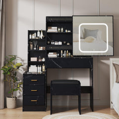 GARVEE Bedroom Dresser with Electrical Outlet 4 Drawer Storage Cabinet Dresser with Sliding Mirror and Lighting Dresser Set with Stool, Open Shelf 3 Colors Lighting Patterns-Marble Black