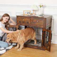 GARVEE Dog Crate Furniture with Cushion,Wooden Dog Crate Table with 2 Drawers,3-Doors Dog Furniture,Indoor Dog Kennel,Dog House,Dog Cage,Side End Table,Rustic Brown 39.4