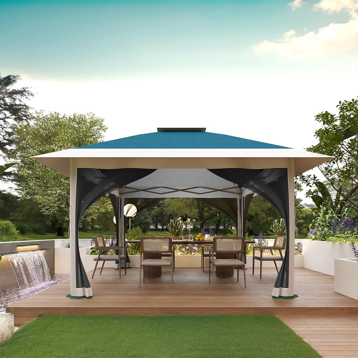 13' x 13' Outdoor Gazebo, Double Roof Patio Gazebo Quick Setup Instant Canopy Tent Instant Canopy Gazebo Shelter, Blue & Gray