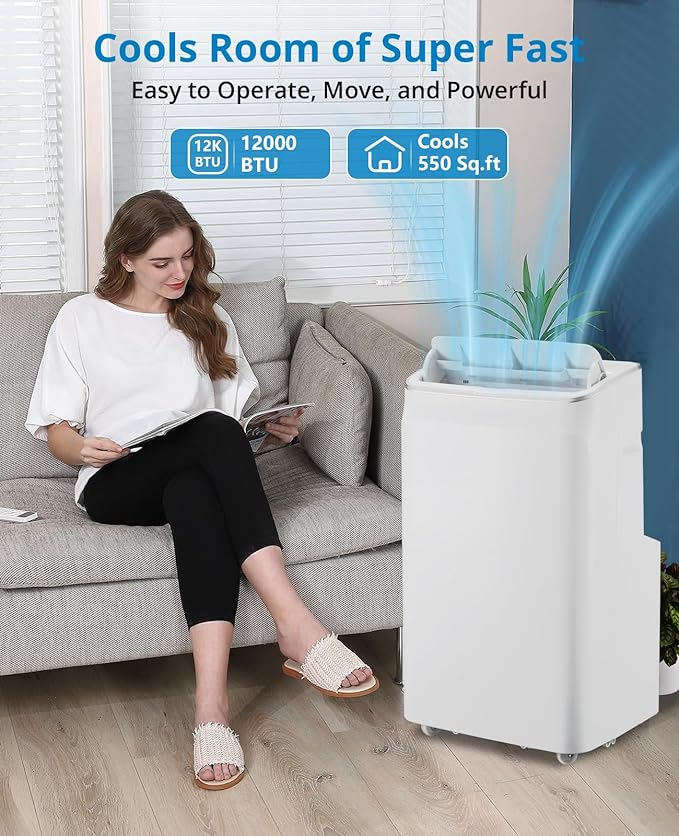 12000 BTU Portable AC Unit, 3-in-1, Remote, Cools 550 Sq.ft