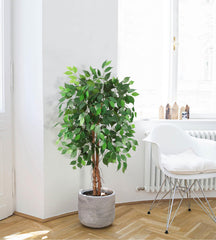 GARVEE Artificial Ficus Tree 4ft Tall - Realistic Silk with Natural Wood Trunk - Durable Polyester, Adjustable Branches - Indoor Outdoor Decor