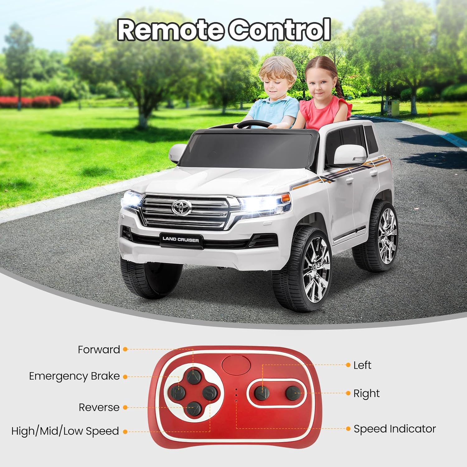 GARVEE 12V Toyota Land Cruiser Kids' Car: Remote, LED, 3 Speeds, Dual 45W Motors, USB Music, Seat Belt, CPC & ASTM Approved - White