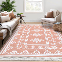 GARVEE Washable Rug 9x12 Living Room Boho Rug with Tassel Indoor Non-Slip Moroccan Bordered Floor cover Geometric Stain Resistant Bohemian Accent Carpet Rug for Bedroom Nursery Home Office, Pink