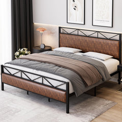 GARVEE Full Size Bed Frame with PU Leather Headboard＆Footboard, Upholstered Platform Bed with 14 Strong Metal Slats, 11