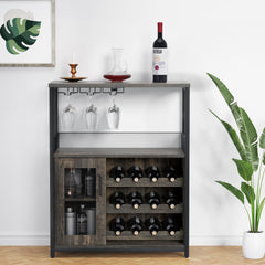 GARVEE Large Storage Wine Cabinet with Detachable Rack & Mesh Door, Grey - Dark Wood