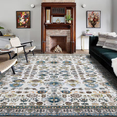 COZYLOOM 8x10 Area Rug Large Floral Rug Vintage Medallion Area Rug Ultra Soft Non-Slip Floor Cover Washable Thin Rug Boho Low Pile Foldable Rug for Bedroom Living Room Dining Room Office Blue