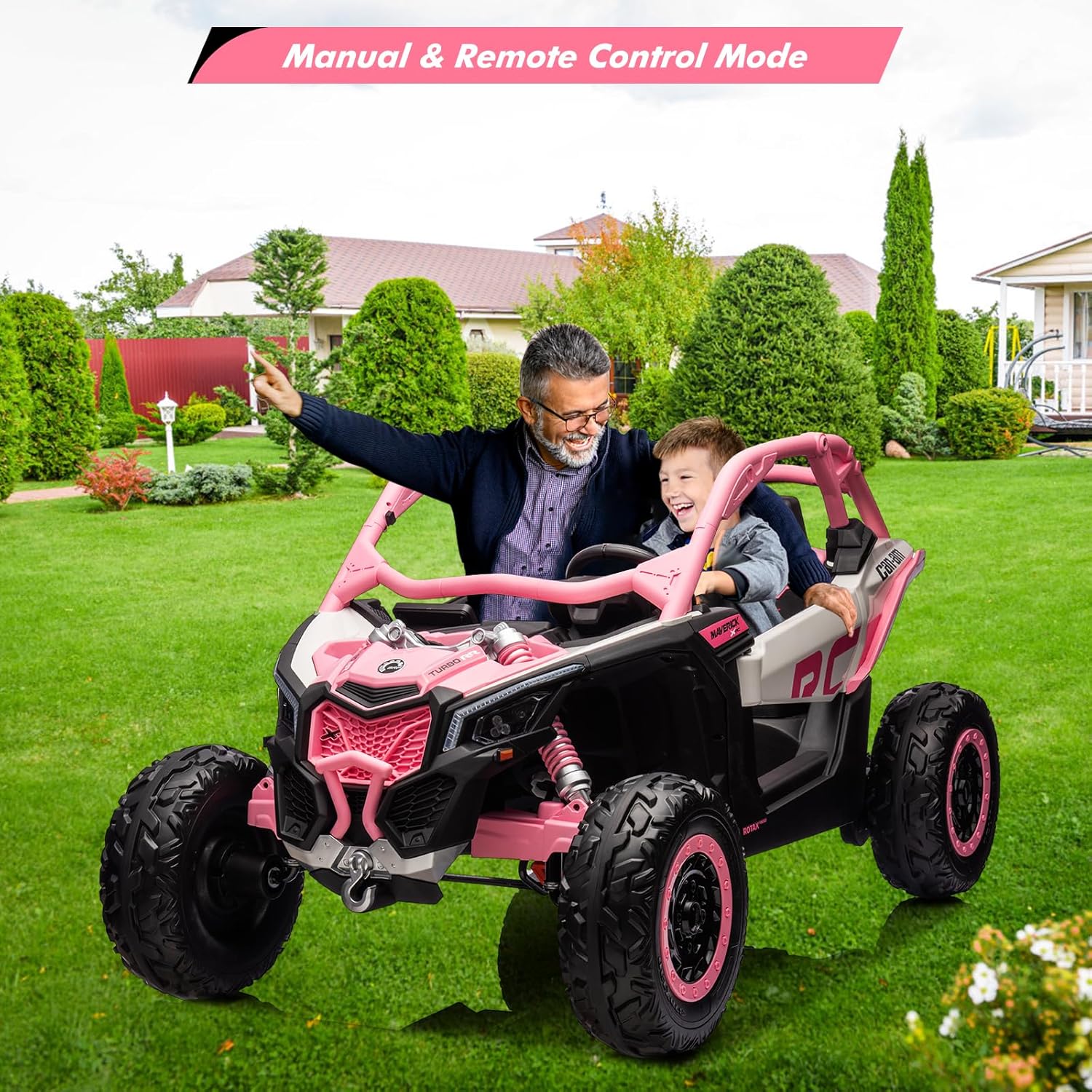 GARVEE 2-Seater Can-Am Ride-On UTV: 4WD, Remote Control, 2x24V Batteries, 4x200W Motors, 23" Seat, EVA Tires, Spring Suspension, for Kids - Pink