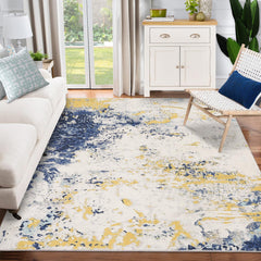 GARVEE Abstract Modern Area Rug, 4x6 Washable Foldable Soft Rugs with Non-Slip Backing, Non-Shedding Floor Mat, Stain Resistant Carpet for Living Room Bedroom Dining Room Office, Yellow Blue