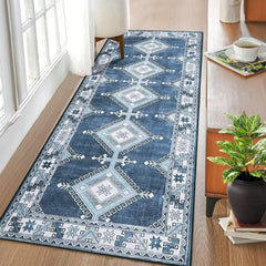 GARVEE Washable Runner Rug 2x6 Bohemian Farmhouse Rustic Geometric Hallway Rug Low Pile Moroccan Diamond Indoor Carpet for Bathroom Kitchen Bedroom Bedside, Navy