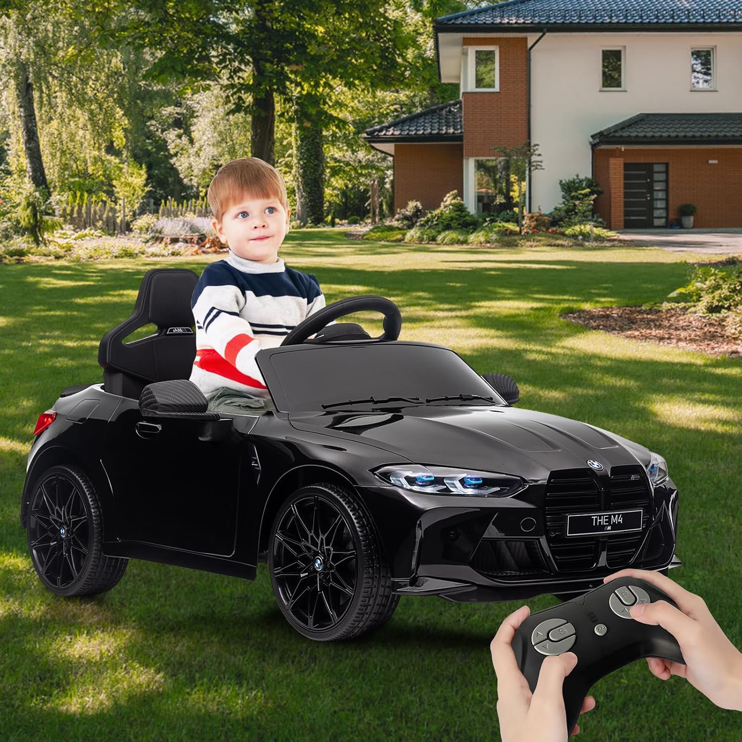 GARVEE 12V Electric Ride On Car for 37-83 Months, w/RC,Licensed by BMW M4,Power Wheels for Boys Girls, with Suspension System,3 Speeds, Bluetooth, MP3, Double Door, LED Light - Black