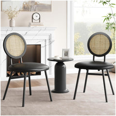 GARVEE Dining Chairs Set of 2, Thicken Upholstered, Modern Black, Space Saving, Metal Legs, Natural Rattan, for Living Room