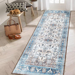 GARVEE Runner Rug 2x6 Boho Hallway Rug Non-Slip Washable Non Skid Kitchen Rug Chenille Mat Foldable Accent Rug for Kitchen Living Room Bedroom, Boho Beige/Blue, 2’x6’