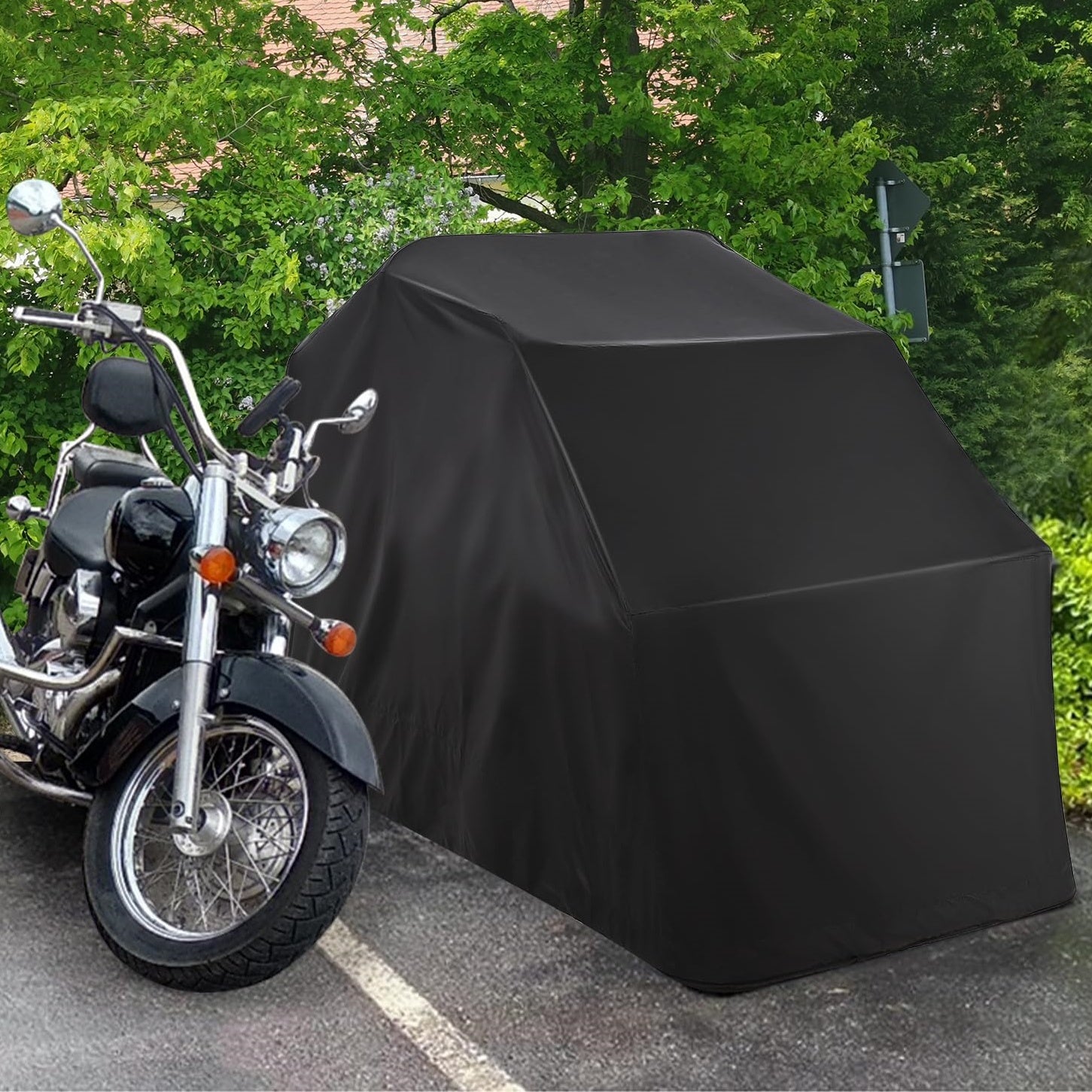 GARVEE Motorcycle Shed, Waterproof Motorcycle Garage with 600D Oxford Cover, Ventilation Window, Expansion Bolts, Heavy Duty Motorcycle Storage Shelter, 135.5" x 53.9" x 75.6"