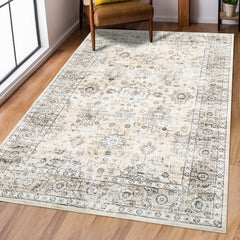 GARVEE 5x7 Bedroom Rug Machine Washable Non-Slip Floor Cover Vintage Distressed Carpet Rug Stain Resistant Oriental Accent Rug Boho Medallion Throw Rug for Living Room Home Office Decor, Beige