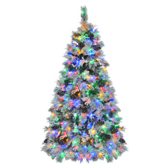 GARVEE Pre-Lit Spruce Snow Flocked Christmas Tree, 11 Flashing Modes, Multi-Color LED Lights, Artificial Hinged Xmas Tree with Pine Cones, for Indoor and Outdoor