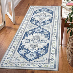 GlowSol Washable Rug Runner 2x6 Distressed Hallway Runner Non-Slip Non-Shedding Carpet Runners for Hallways Low-Pile Floor Carpet for Kitchen Laundry, Blue, 2’x6’