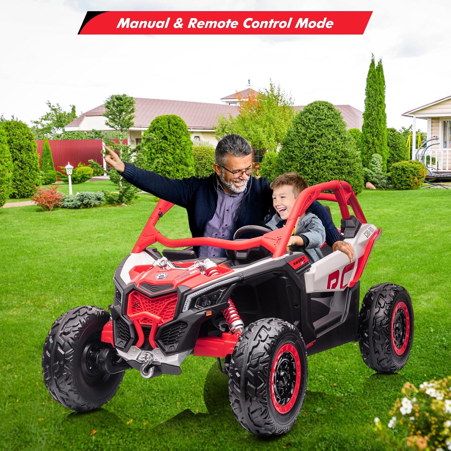 GARVEE 2-Seater Can-Am Ride-On UTV: 4WD, Remote Control, 2x24V Batteries, 4x200W Motors, 23" Seat, EVA Tires, Spring Suspension, for Kids - Red